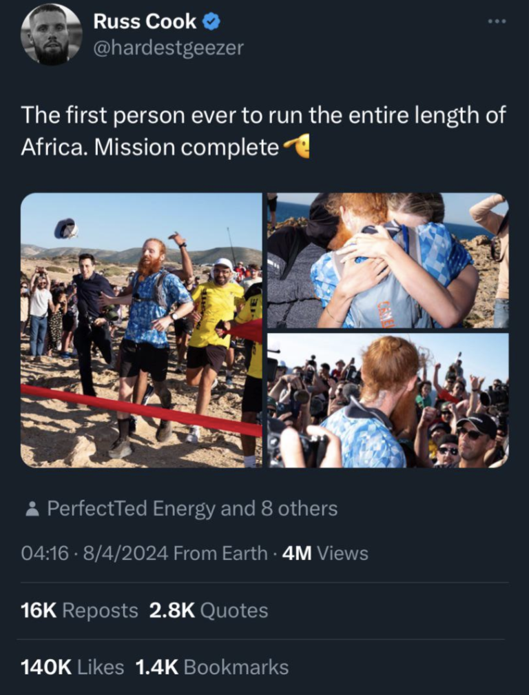 marathon - Russ Cook The first person ever to run the entire length of Africa. Mission complete PerfectTed Energy and 8 others 842024 From Earth 4M Views 16K Reposts Quotes Bookmarks