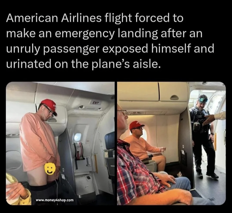 guy pees on plane - American Airlines flight forced to make an emergency landing after an unruly passenger exposed himself and urinated on the plane's aisle. Ext