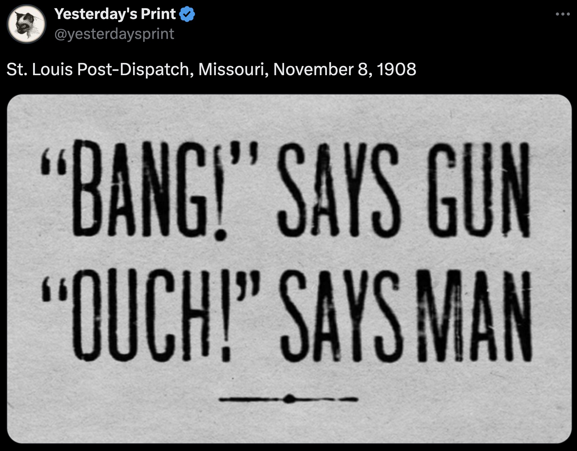 screenshot - Yesterday's Print St. Louis PostDispatch, Missouri, "Bang!" Says Gun "Ouch! Says Man