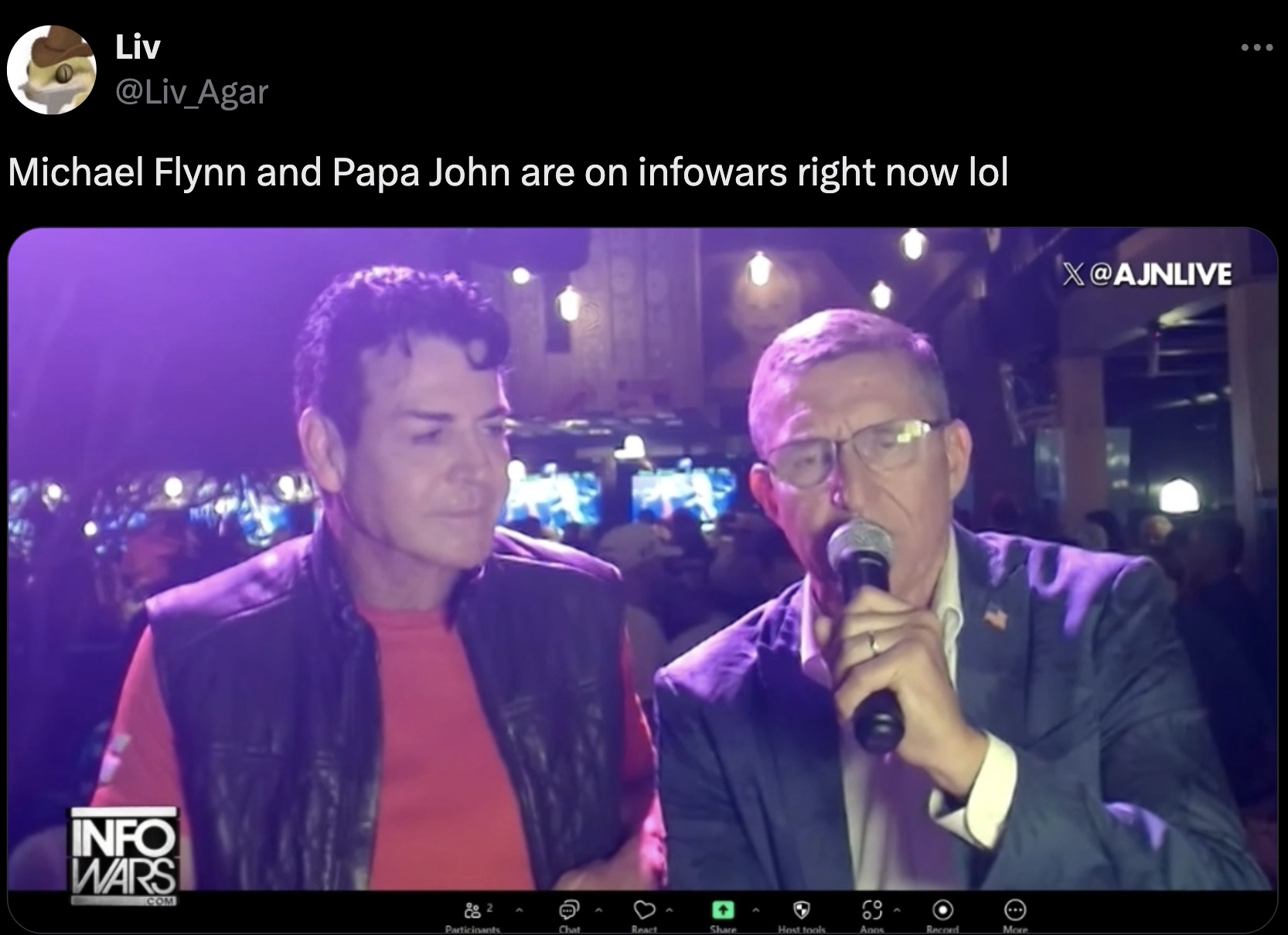 screenshot - Liv Agar Michael Flynn and Papa John are on infowars right now lol 2 Chat Info Wars Com Particinants