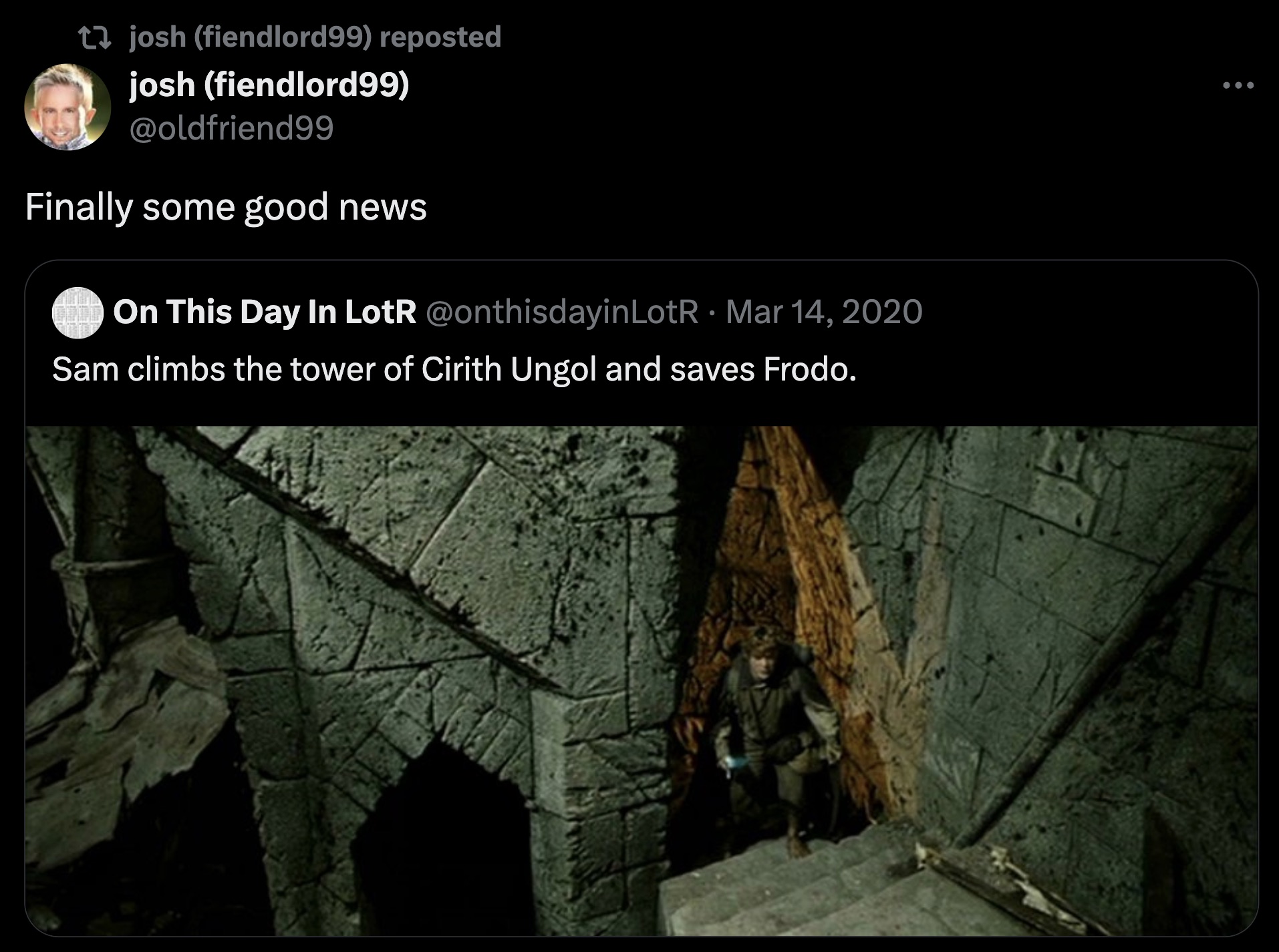 screenshot - josh fiendlord99 reposted josh fiendlord99 Finally some good news On This Day In LotR Sam climbs the tower of Cirith Ungol and saves Frodo. ...