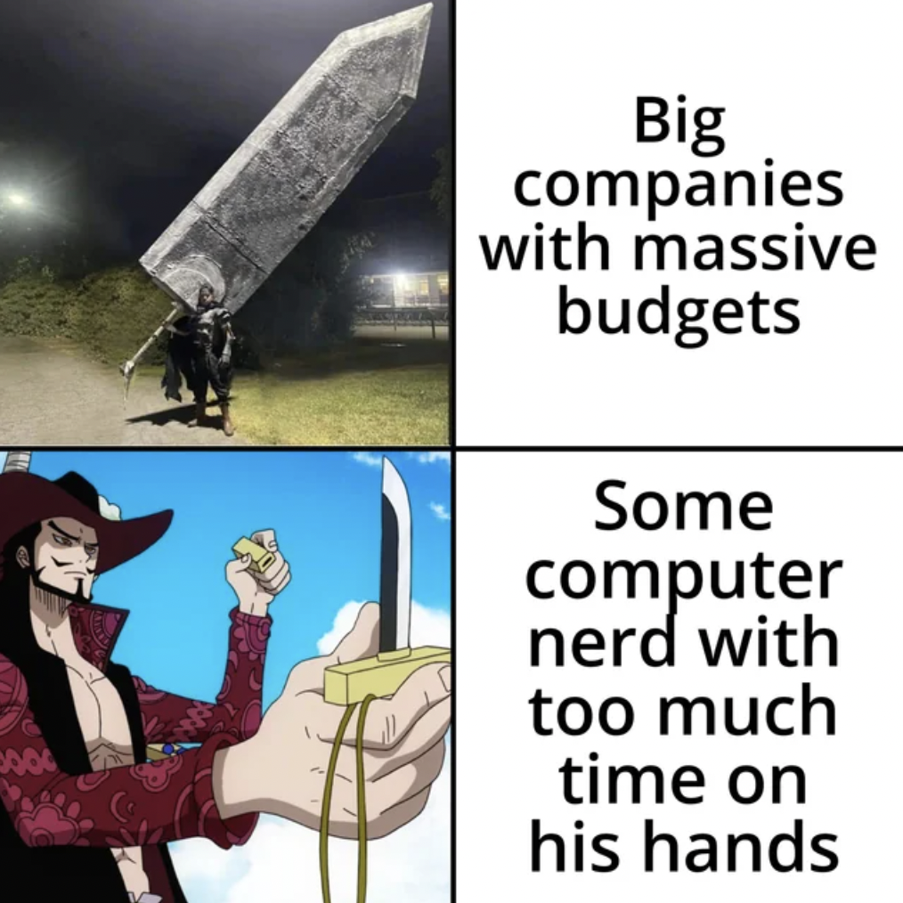 mihawk mini sword - Big companies with massive budgets Some computer nerd with too much time on his hands