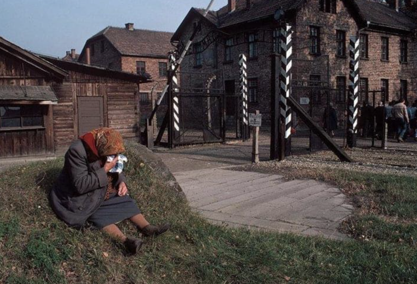 An elderly Polish woman sitting on the grass and crying by the gate of the former German concentration and extermination camp Auschwitz.