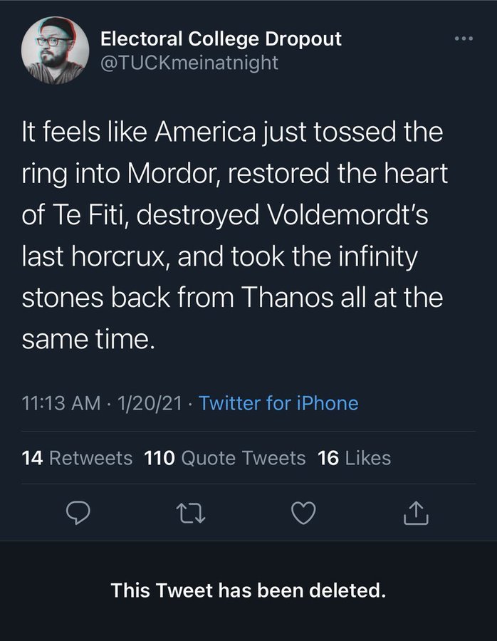 twitter meme quotes - Electoral College Dropout It feels America just tossed the ring into Mordor, restored the heart of Te Fiti, destroyed Voldemordt's last horcrux, and took the infinity stones back from Thanos all at the same time. 12021 Twitter for iP