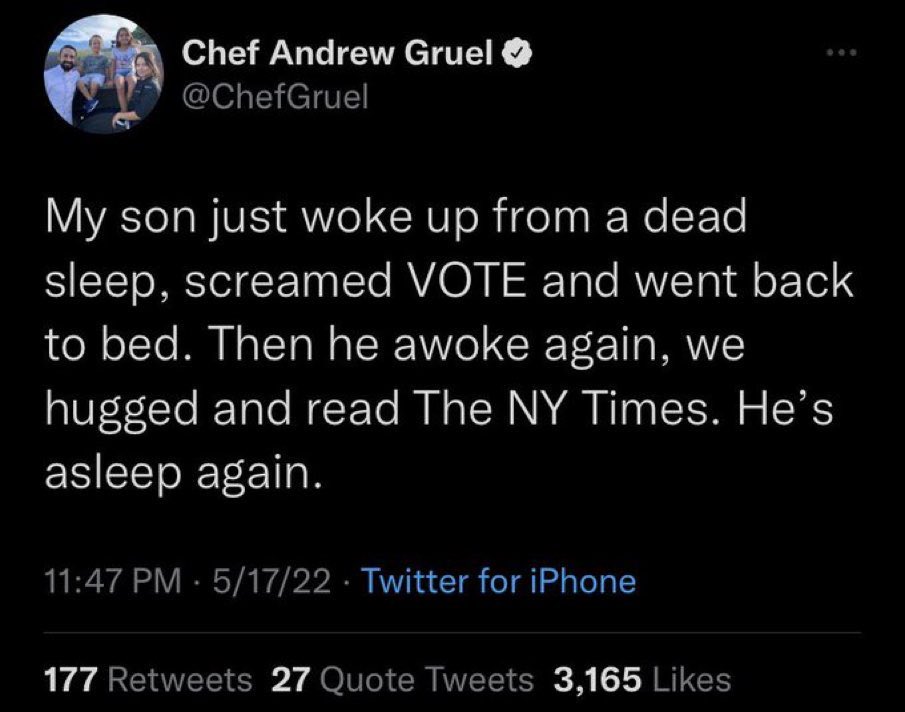 Internet meme - Chef Andrew Gruel My son just woke up from a dead sleep, screamed Vote and went back to bed. Then he awoke again, we hugged and read The Ny Times. He's asleep again. 51722 Twitter for iPhone 177 27 Quote Tweets 3,165