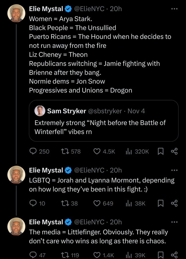 screenshot - Wik Elie Mystal 20h Women Arya Stark. Black People The Unsullied Puerto Ricans The Hound when he decides to not run away from the fire Liz Cheney Theon Republicans switching Jamie fighting with Brienne after they bang. Normie dems Jon Snow Pr