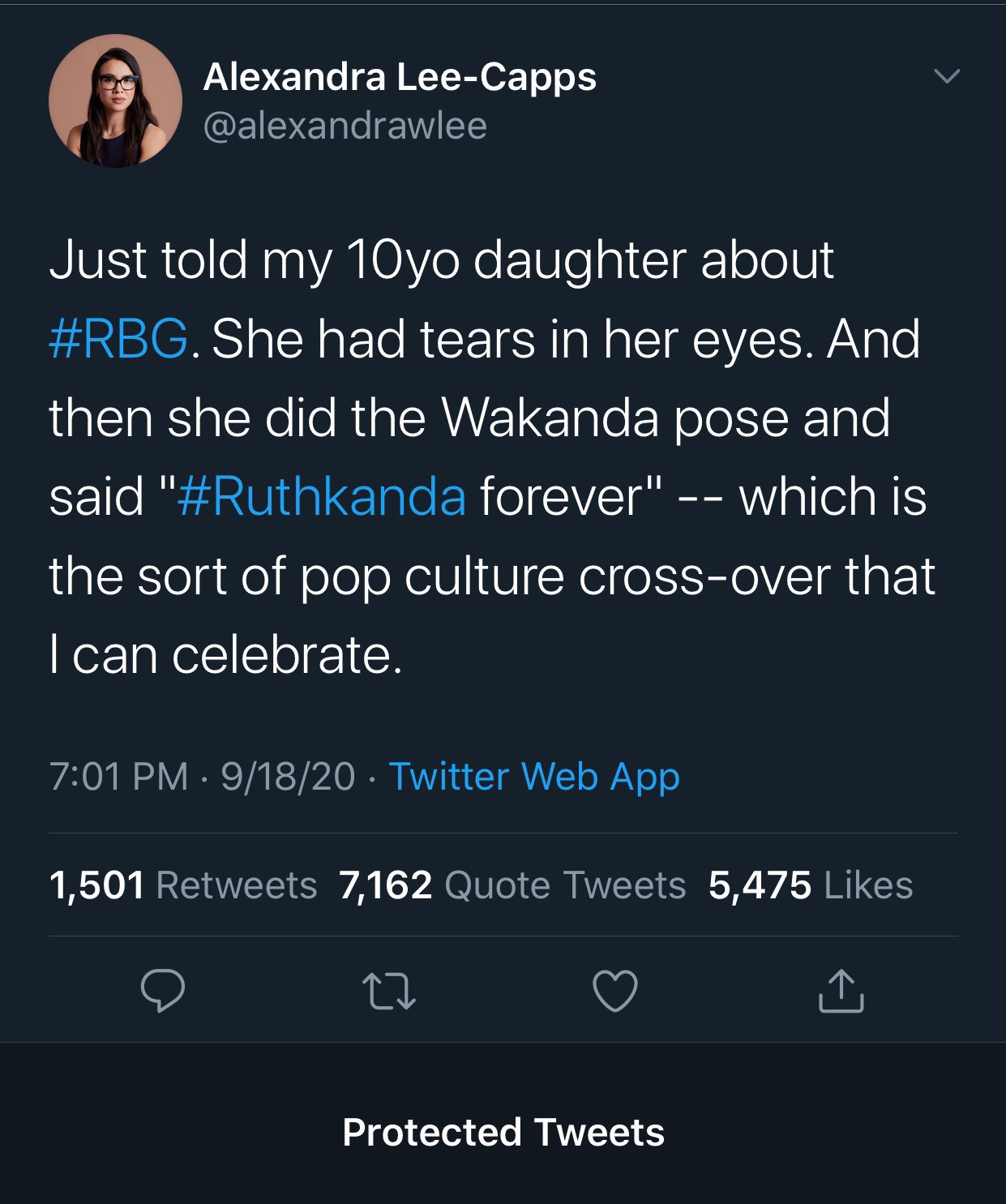 Alexandra LeeCapps > Just told my 10yo daughter about . She had tears in her eyes. And then she did the Wakanda pose and said " forever" which is the sort of pop culture crossover that I can celebrate. 91820 Twitter Web App 1,501 7,162 Quote Tweets 5,475…