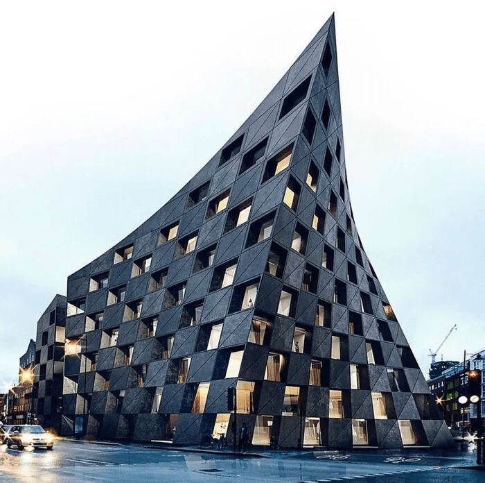 This building is a hotel in London known as the Shoreditch Hotel, and it almost looks like a chess  board folded into a 3 structure.