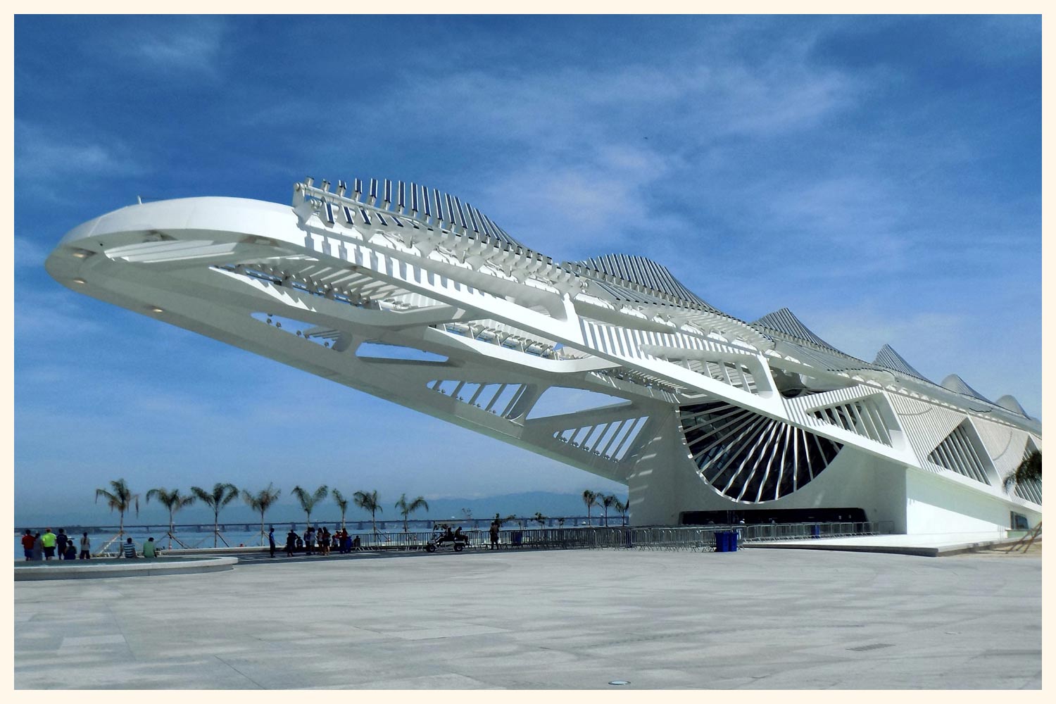 This Dinosaur fossil-looking building is actually the Museum of Tomorrow, located in rio de Janeiro, Brazil.