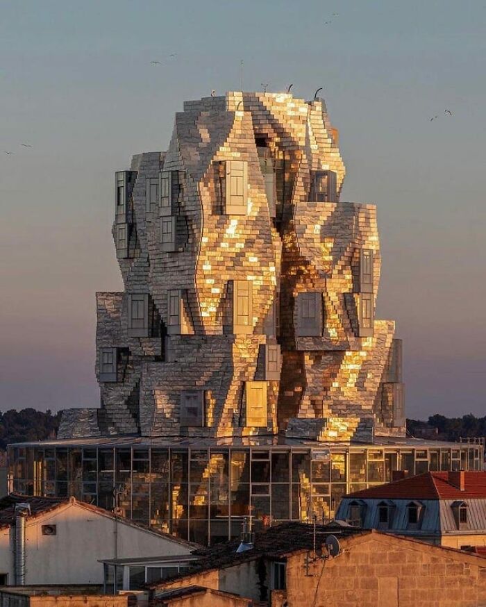 This building (Luma Arles) located in Arles, France, has a pixelated look to it, while locals refer to it as a "crushed soda can".