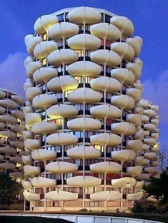 This bubbly looking building is actually the Les Choux de Créteil  a group of 15 story tall residential buildings outside Paris, France.