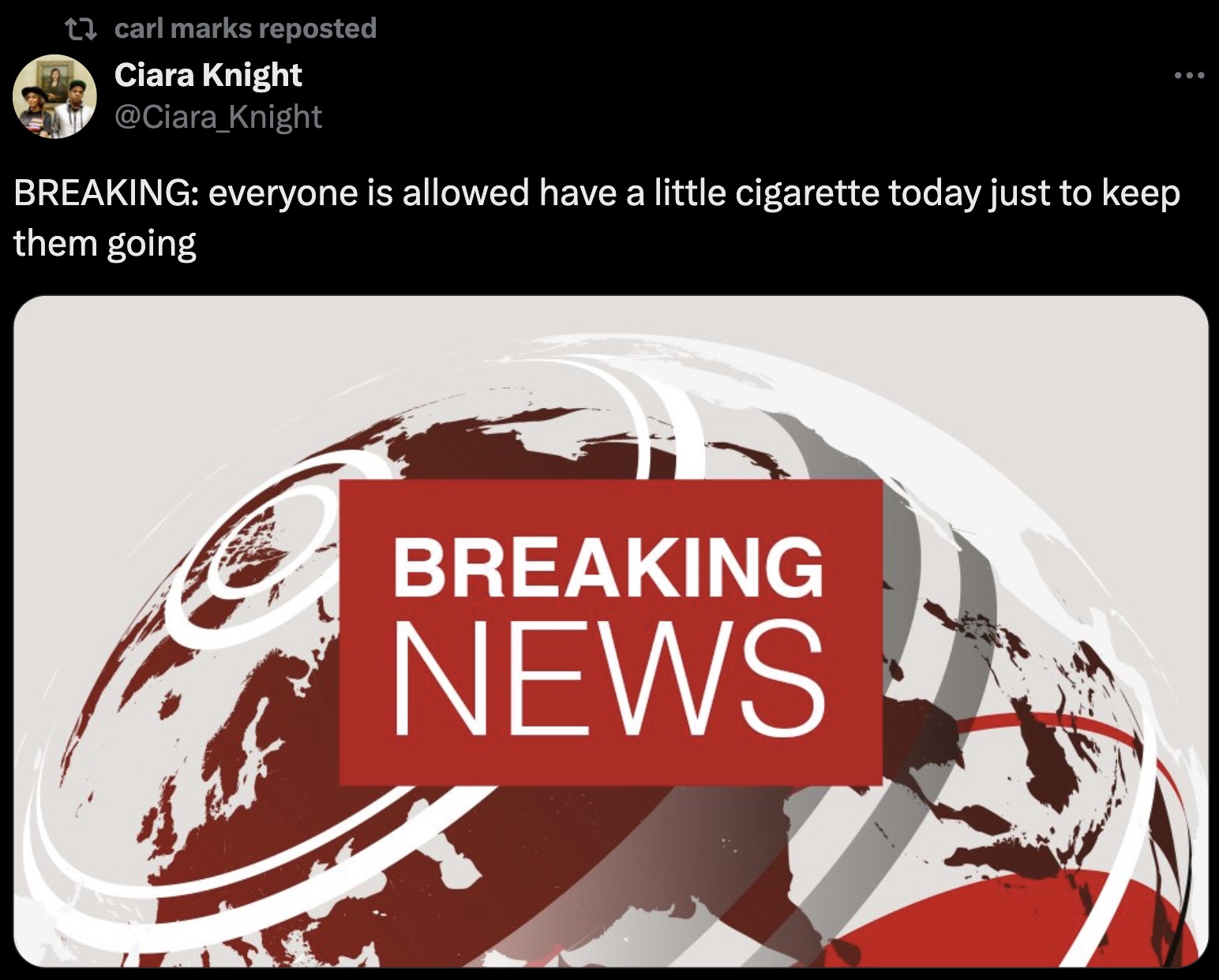 breaking news scotland - carl marks reposted Ciara Knight Breaking everyone is allowed have a little cigarette today just to keep them going Breaking News