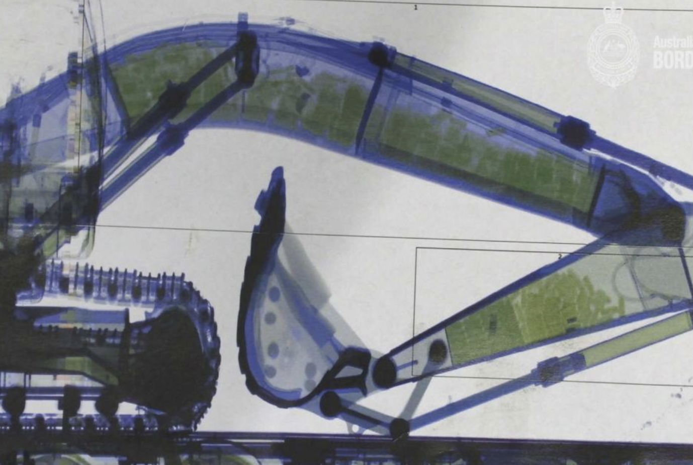 An x-ray performed by customs revealed more than 380 packages of cocaine inside the arm of an excavator.