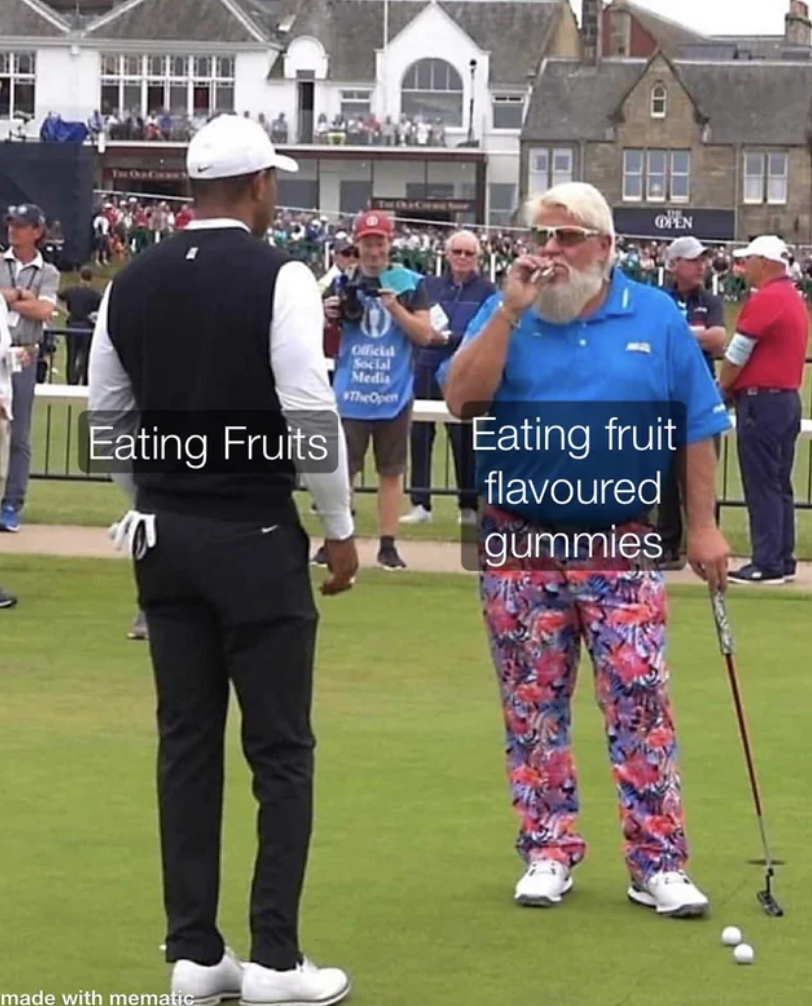 john daly tiger woods meme - Eating Fruits made with mematic On Eating fruit flavoured gummies