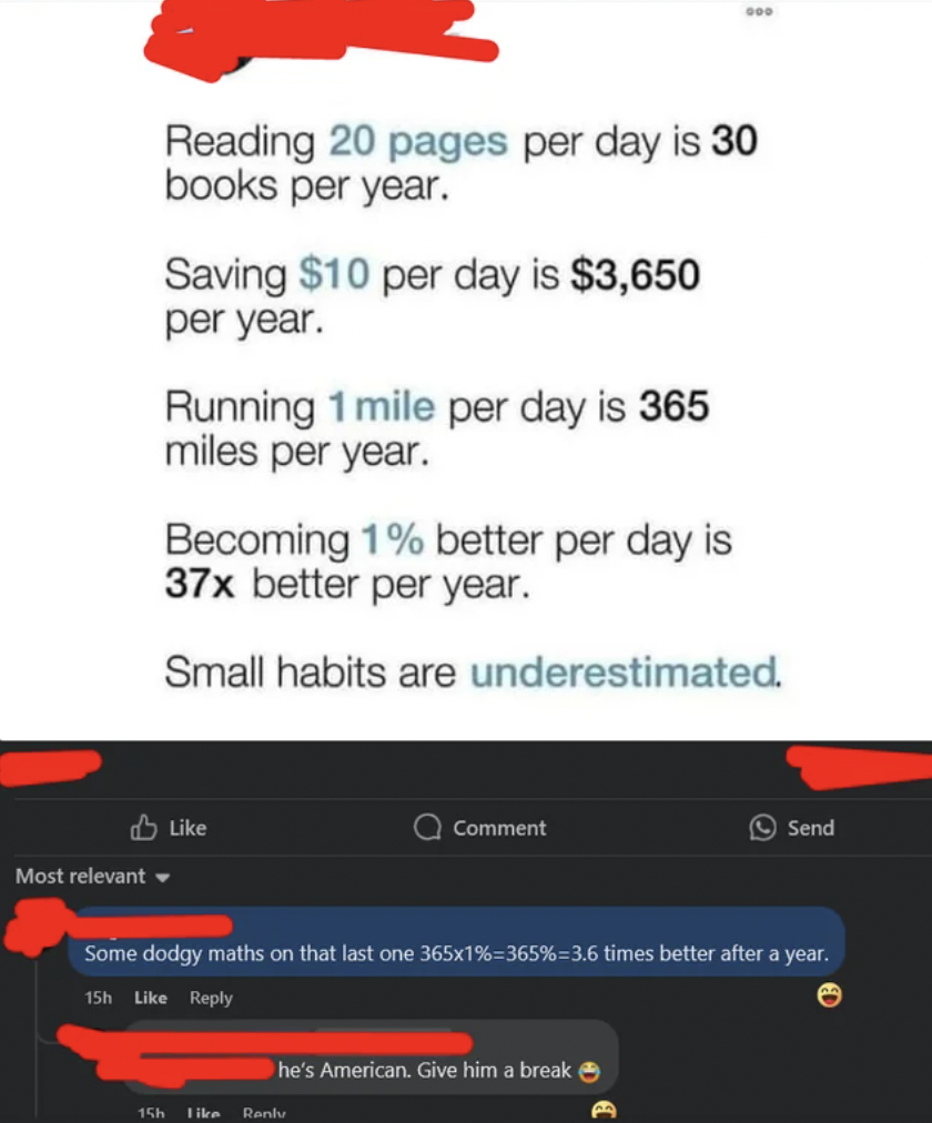 screenshot - Reading 20 pages per day is 30 books per year. Saving $10 per day is $3,650 per year. Running 1 mile per day is 365 miles per year. Becoming 1% better per day is 37x better per year. Small habits are underestimated. Comment Send Most relevant