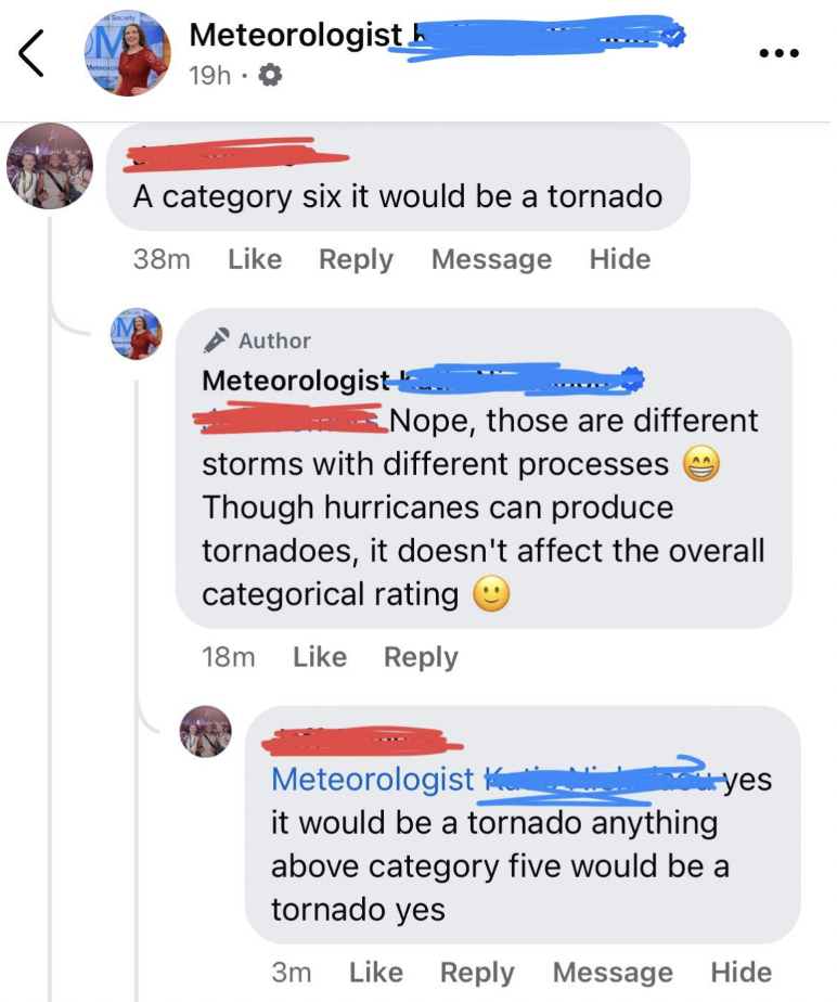 web page - Meteorologist 19h. A category six it would be a tornado 38m Message Hide Author Meteorologist Nope, those are different storms with different processes Though hurricanes can produce tornadoes, it doesn't affect the overall categorical rating 18