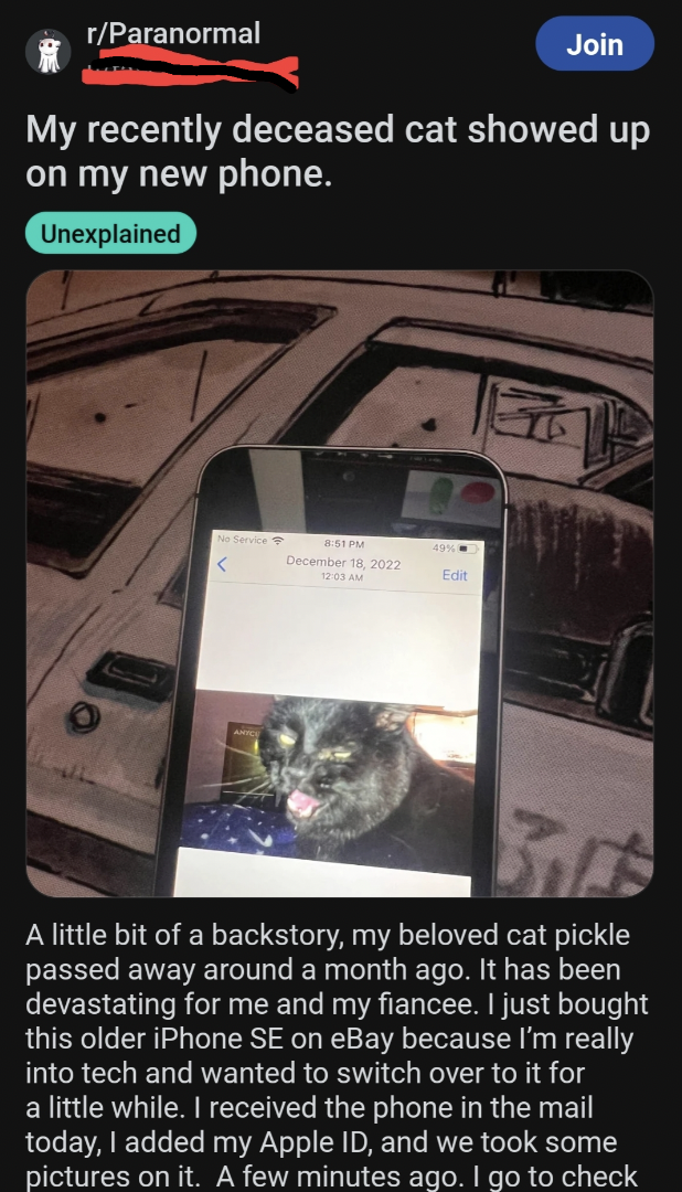 screenshot - rParanormal Join My recently deceased cat showed up on my new phone. Unexplained A little bit of a backstory, my beloved cat pickle passed away around a month ago. It has been devastating for me and my fiancee. I just bought this older iPhone
