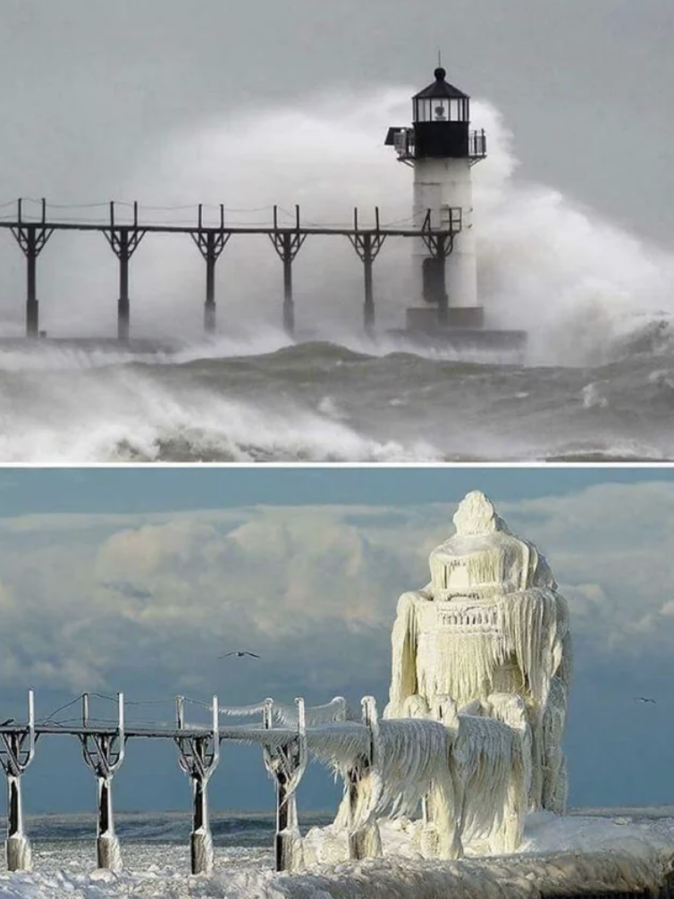 lighthouse before and after ice storm