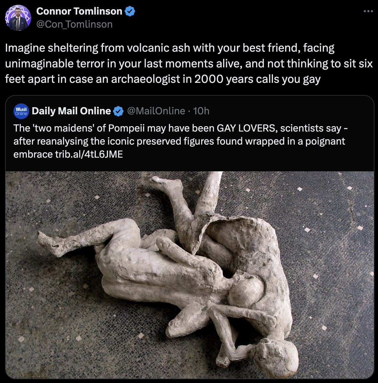 Archaeological Park of Pompeii - Connor Tomlinson Tomlinson Imagine sheltering from volcanic ash with your best friend, facing unimaginable terror in your last moments alive, and not thinking to sit six feet apart in case an archaeologist in 2000 years ca