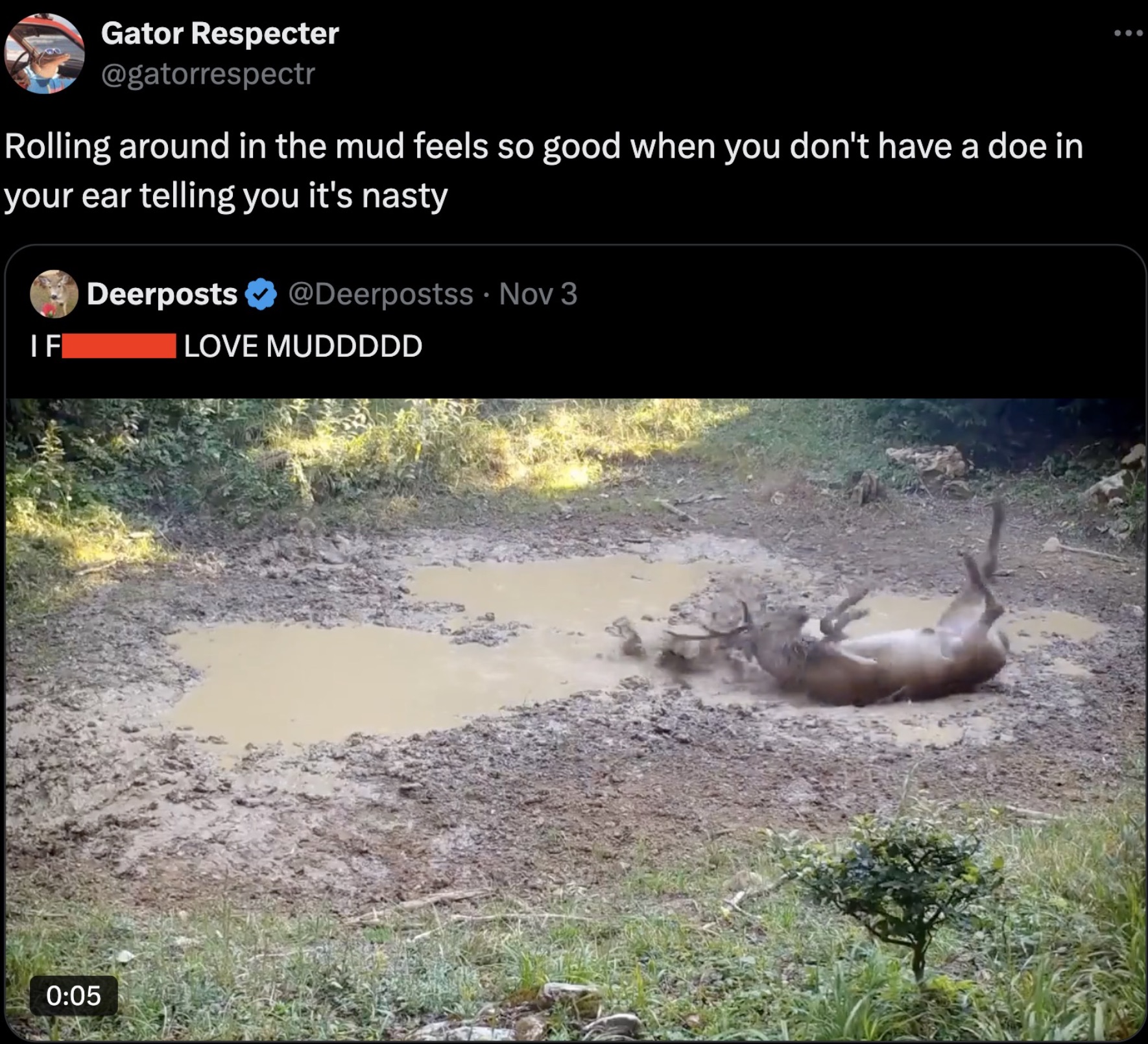 screenshot - Gator Respecter Rolling around in the mud feels so good when you don't have a doe in your ear telling you it's nasty Nov 3 Deerposts If Love Muddddd