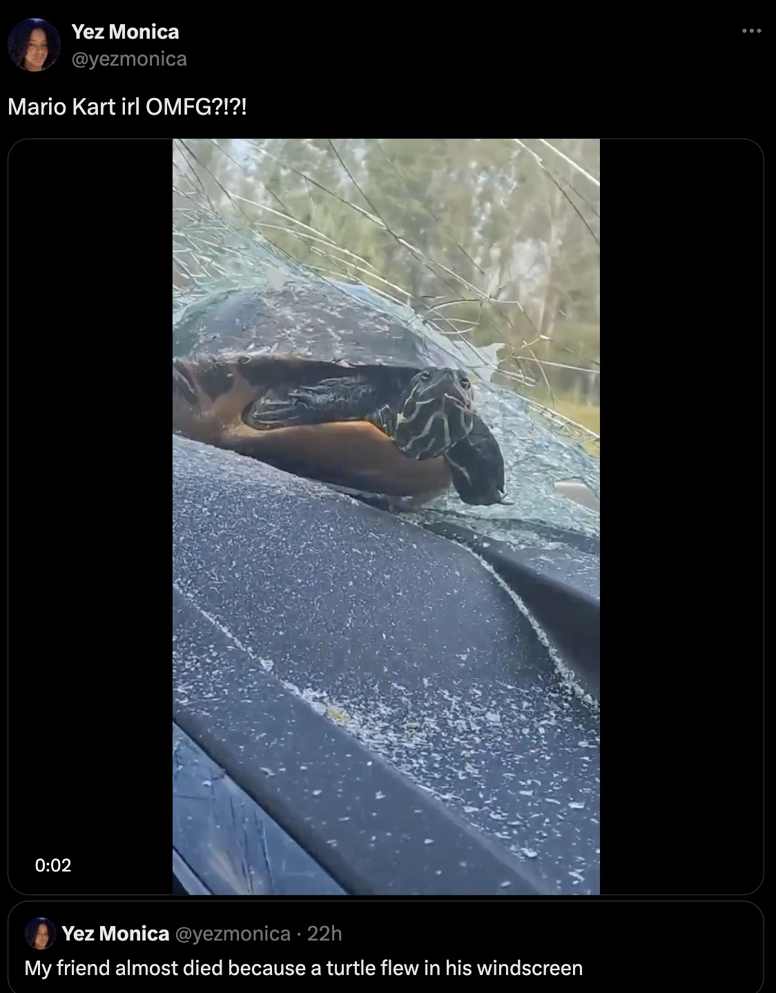 screenshot - Yez Monica Mario Kart irl Omfg?!?! Yez Monica 22h My friend almost died because a turtle flew in his windscreen