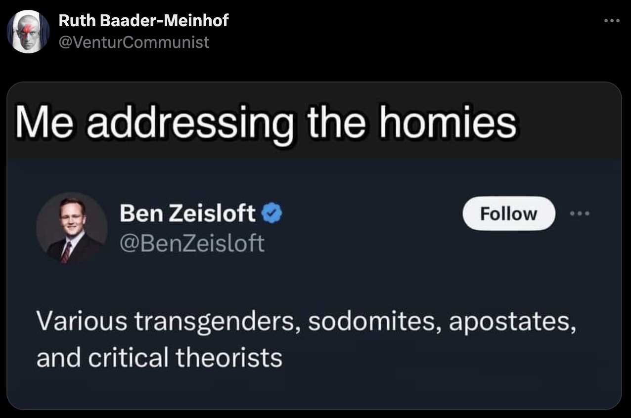 screenshot - Ruth BaaderMeinhof Me addressing the homies Ben Zeisloft Various transgenders, sodomites, apostates, and critical theorists