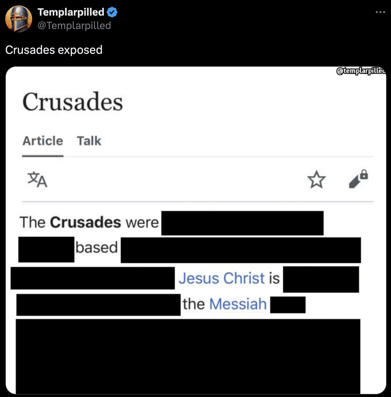 screenshot - Templarpilled Crusades exposed Crusades Article Talk Za The Crusades were based Jesus Christ is the Messiah 8