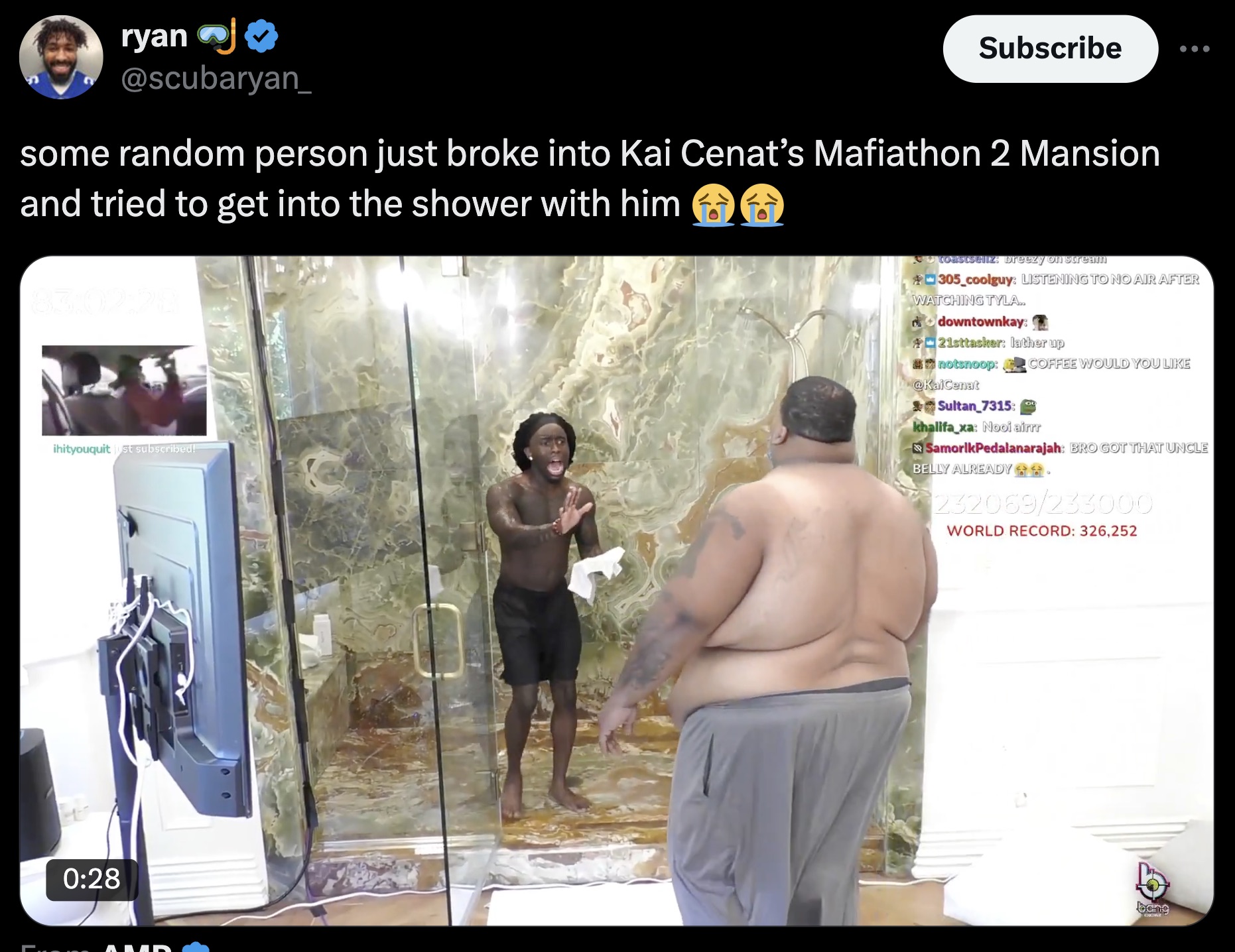 screenshot - ryan>> Subscribe some random person just broke into Kai Cenat's Mafiathon 2 Mansion and tried to get into the shower with him 305 coolguy Ring To Ho Aml Afte downtownkay Sultan 7315 khalifa x Coffee Would You SamorikPedalanarajah Gottle 24208