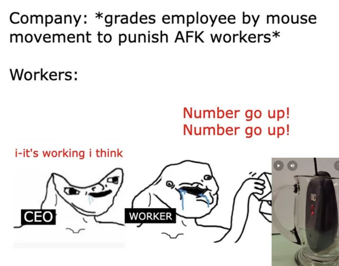 illustration - Company grades employee by mouse movement to punish Afk workers Workers iit's working i think Number go up! Number go up! Ceo Worker