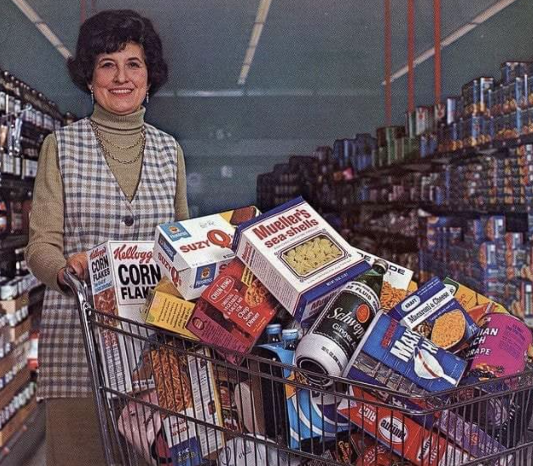 $20 of groceries in 1980 - Corn Flakes Suzy Mueller's seashells Schwep Ginger Binuha Macarel & Cheese Ian Ch