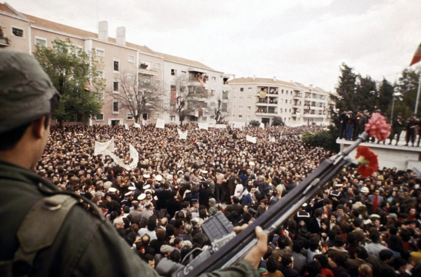 25th of April, 1974, Lisbon, during Portugal's Carnation Revolution, a military coup that put an end to a dictatorship.