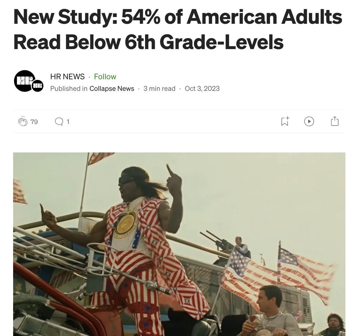 idiocracy middle finger gif - New Study 54% of American Adults Read Below 6th GradeLevels Hr News Published in Collapse News 3 min read 79 Q1 3