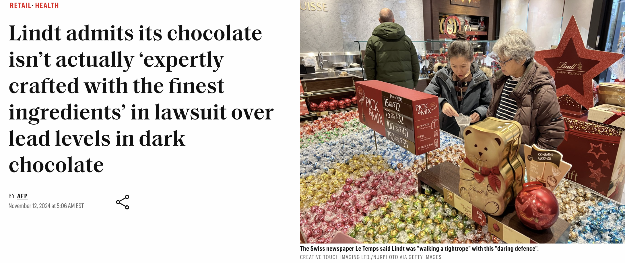 marketplace - Retail Health Lindt admits its chocolate isn't actually 'expertly crafted with the finest ingredients' in lawsuit over lead levels in dark chocolate A By Afp Est The Swiss newspaper Le Temps said Lindt was "walking a tightrope" with this "da