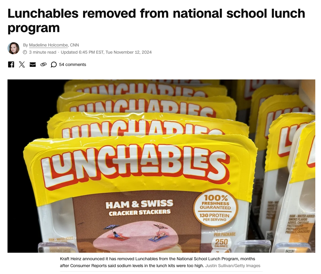 Lunchables - Lunchables removed from national school lunch program By Madeline Holcombe, Cnn 3 minute read Updated Est, Tue 54 Michadies Chadies Lunchables Ham & Swiss Cracker Stackers 100% Freshness Guaranteed 13G Protein Per Serving 250 Kraft Heinz anno