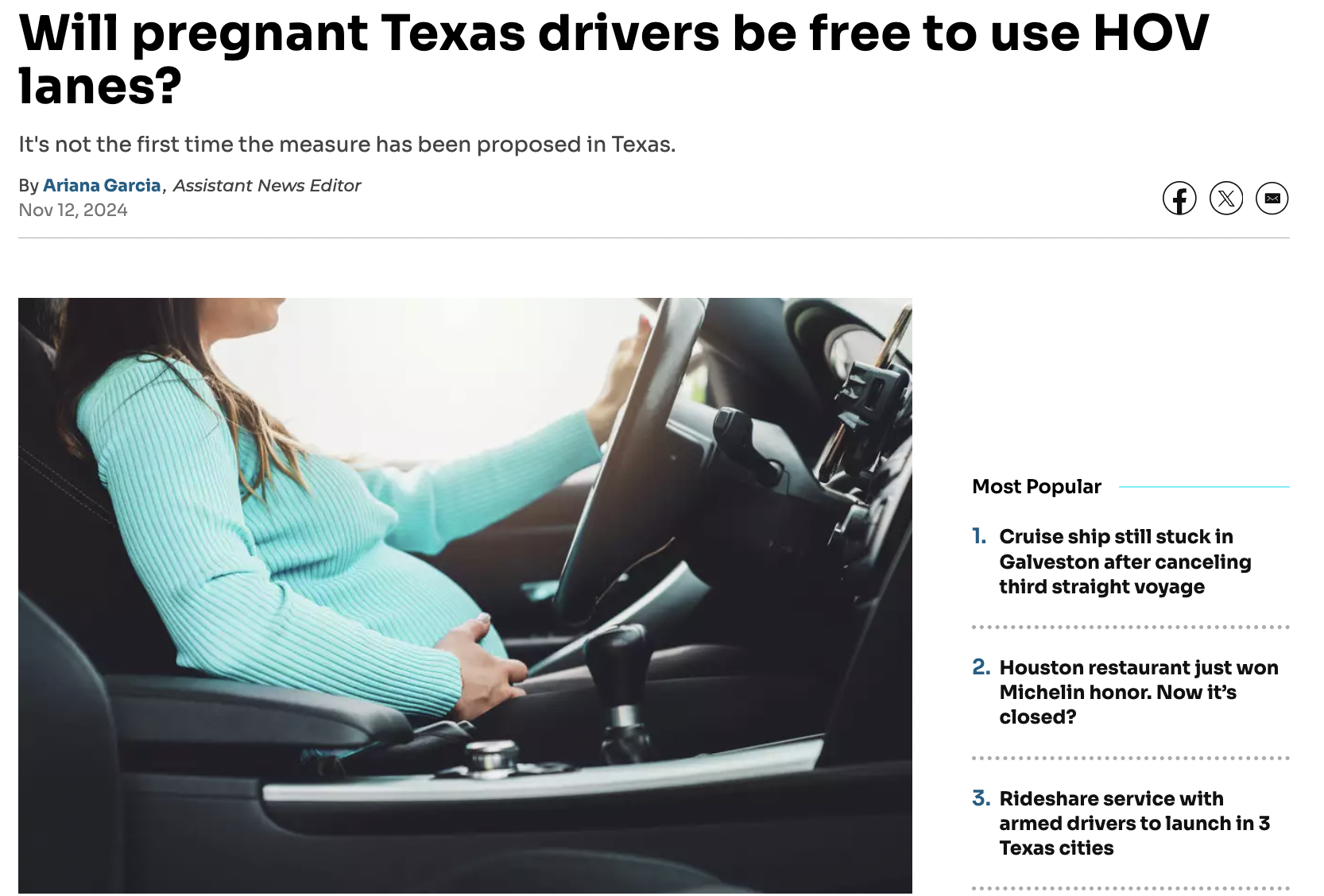 convertible - Will pregnant Texas drivers be free to use Hov lanes? It's not the first time the measure has been proposed in Texas. By Ariana Garcia, Assistant News Editor Most Popular 1. Cruise ship still stuck in Galveston after canceling third straight