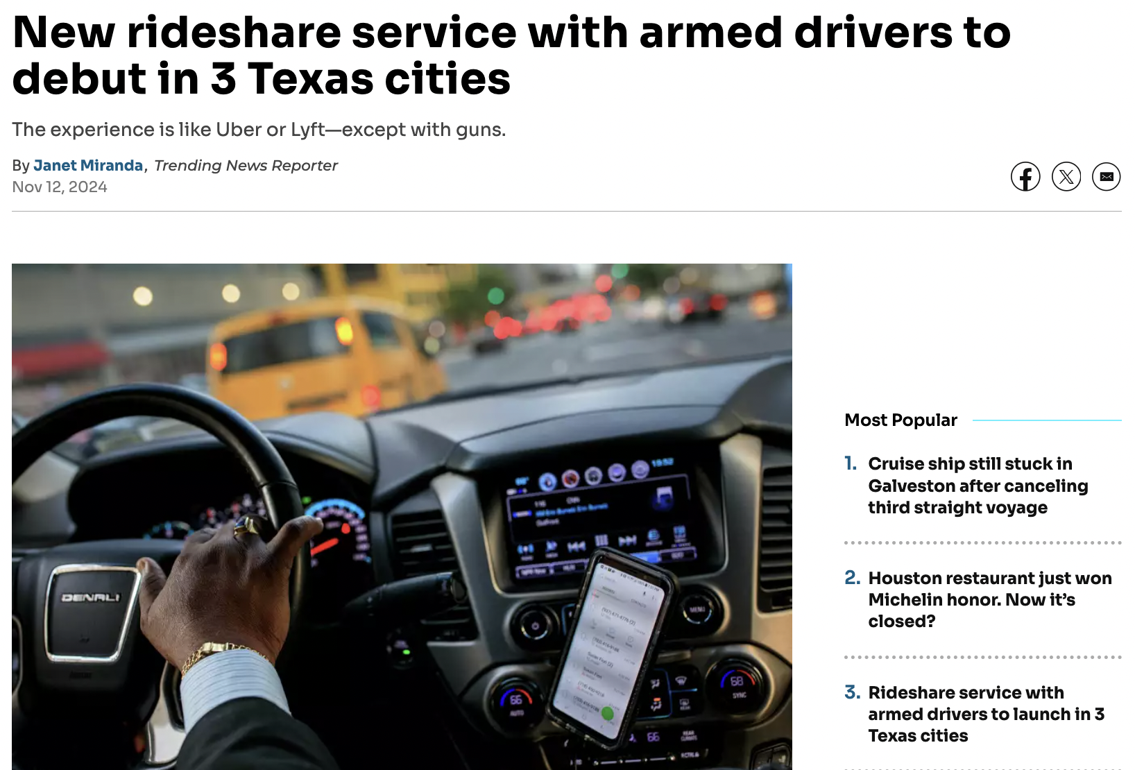 uber in new york - New ride service with armed drivers to debut in 3 Texas cities The experience is Uber or Lyftexcept with guns. By Janet Miranda, Trending News Reporter Denali Most Popular 1. Cruise ship still stuck in Galveston after canceling third st