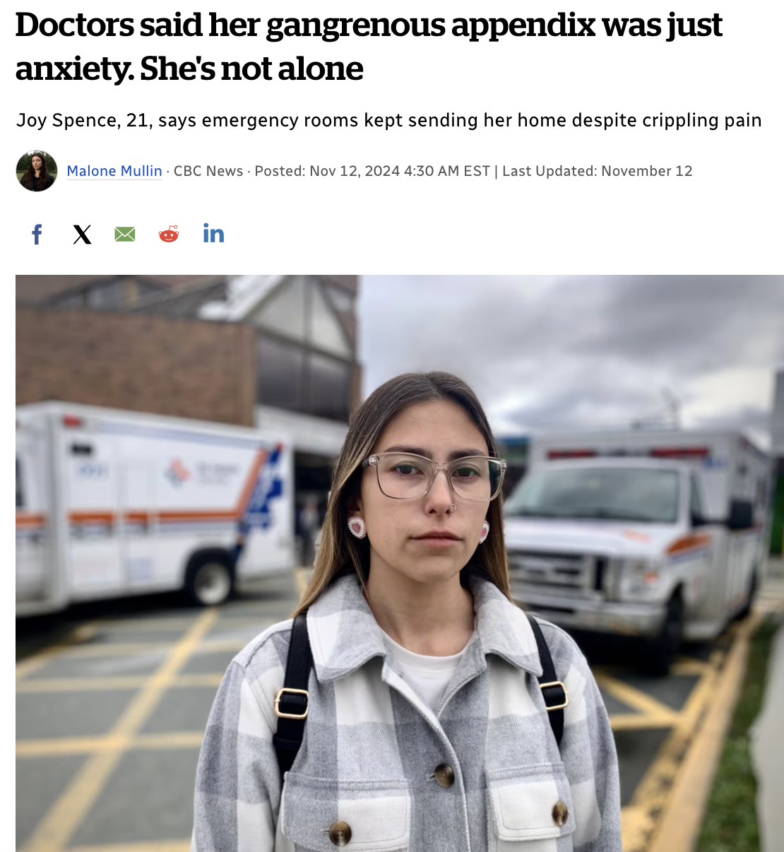 Gangrene - Doctors said her gangrenous appendix was just anxiety. She's not alone Joy Spence, 21, says emergency rooms kept sending her home despite crippling pain Malone Mullin Cbc NewsPosted Est | Last Updated November 12 f X in