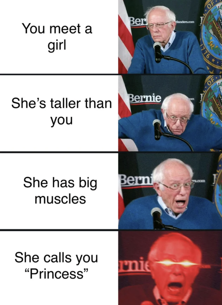 bernie sanders meme red eyes - You meet a girl Ber She's taller than Bernie you She has big Berni muscles She calls you "Princess" rnie