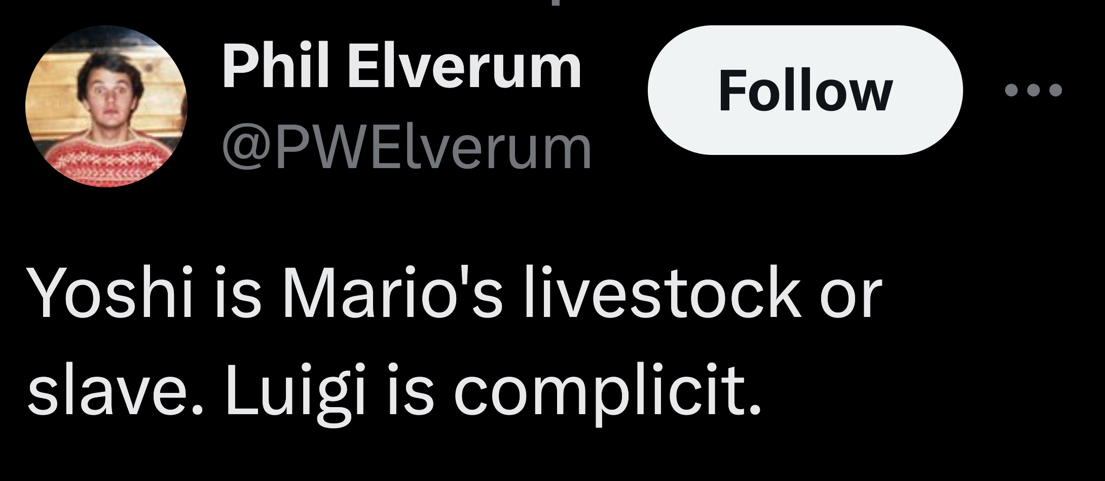 screenshot - Phil Elverum Yoshi is Mario's livestock or slave. Luigi is complicit.