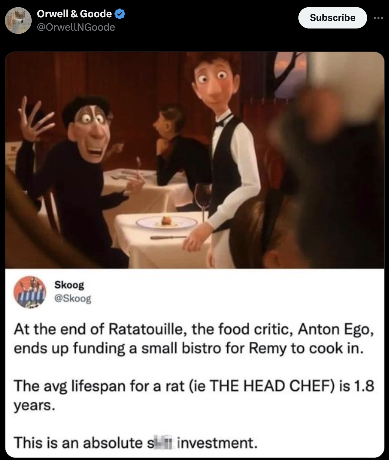 sorprendeme meme - Orwell & Goode Subscribe Skoog At the end of Ratatouille, the food critic, Anton Ego, ends up funding a small bistro for Remy to cook in. The avg lifespan for a rat ie The Head Chef is 1.8 years. This is an absolute sinvestment.