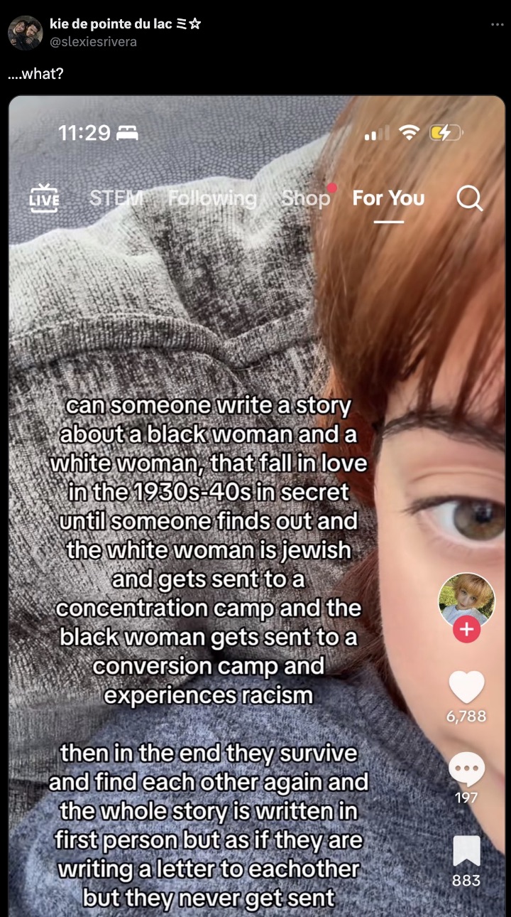 screenshot - kie de pointe du lac ....what? Live Stem ing Shop For You Q can someone write a story about a black woman and a white woman, that fall in love in the 1930s40s in secret until someone finds out and the white woman is jewish and gets sent to a 