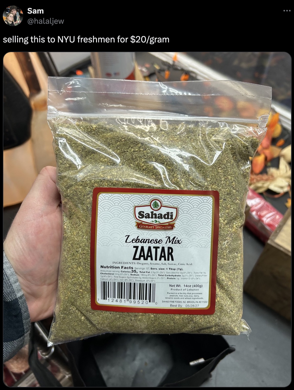 packaging and labeling - Sam selling this to Nyu freshmen for $20gram Sahadi Lebanese Mix Zaatar 524819920