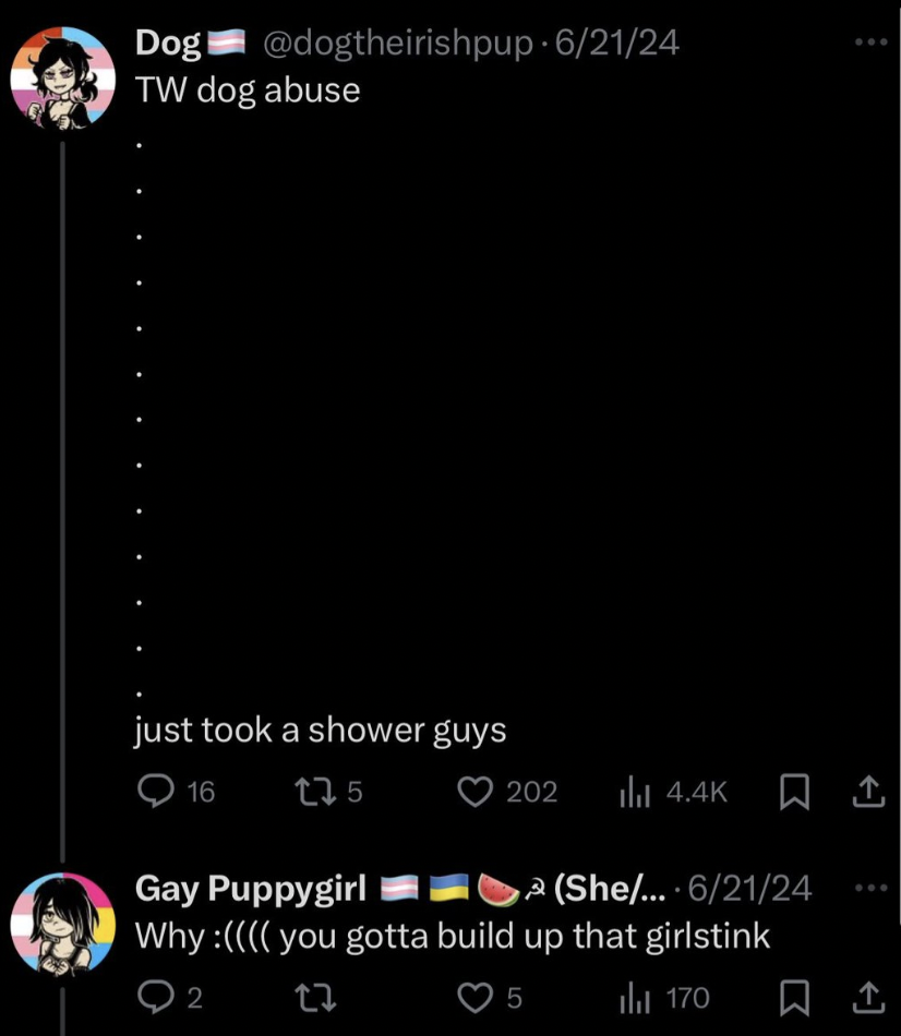 screenshot - Dog 62124 Tw dog abuse. just took a shower guys 16 275 Gay Puppygirl 202 ill She... 62124 Why you gotta build up that girlstink 2 27 5 170 Q