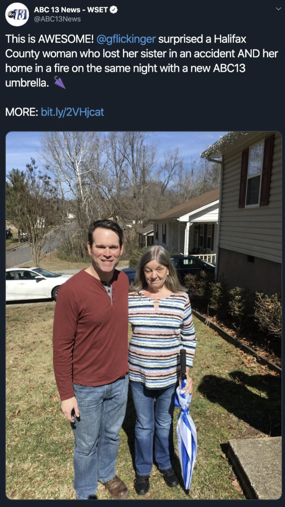 house - Abc 13 News Wset ABC13New This is Awesome! surprised a Halifax County woman who lost her sister in an accident And her home in a fire on the same night with a new ABC13 umbrella. More bit.ly2VHicat