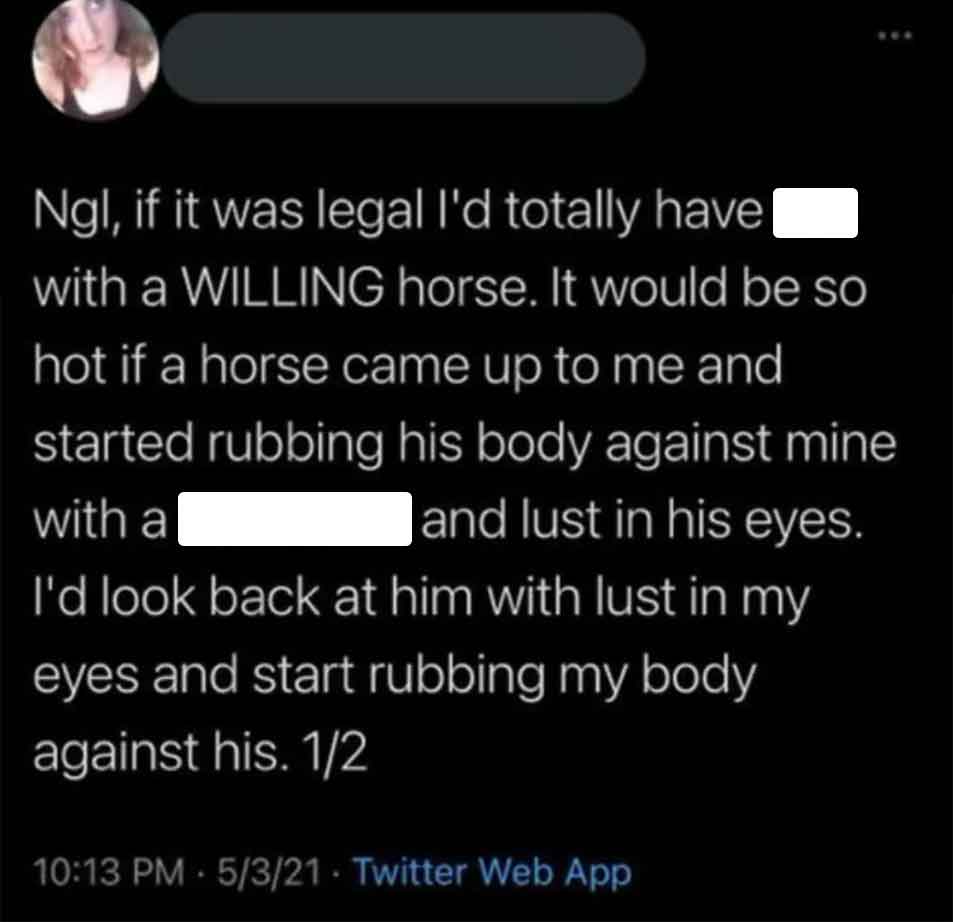 screenshot - Ngl, if it was legal I'd totally have| with a Willing horse. It would be so hot if a horse came up to me and started rubbing his body against mine and lust in his eyes. with a I'd look back at him with lust in my eyes and start rubbing my bod