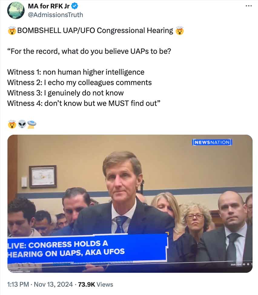 screenshot - Ma for Rfk Jr Bombshell UapUfo Congressional Hearing "For the record, what do you believe Uaps to be? Witness 1 non human higher intelligence Witness 2 1 echo my colleagues Witness 3 I genuinely do not know Witness 4 don't know but we Must fi