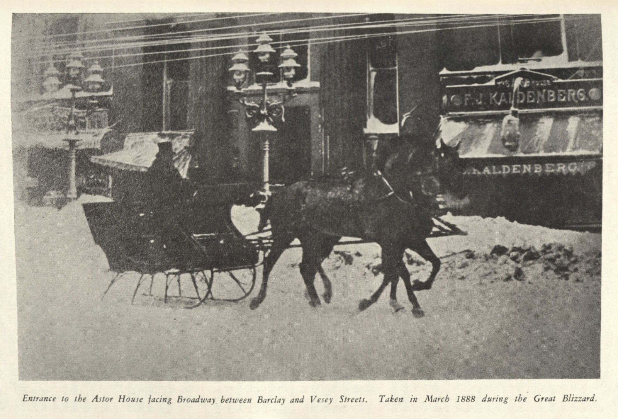 phaeton - Fj. Kaidenbers Aldenberge Entrance to the Astor House facing Broadway between Barclay and Vesey Streets. Taken in during the Great Blizzard.