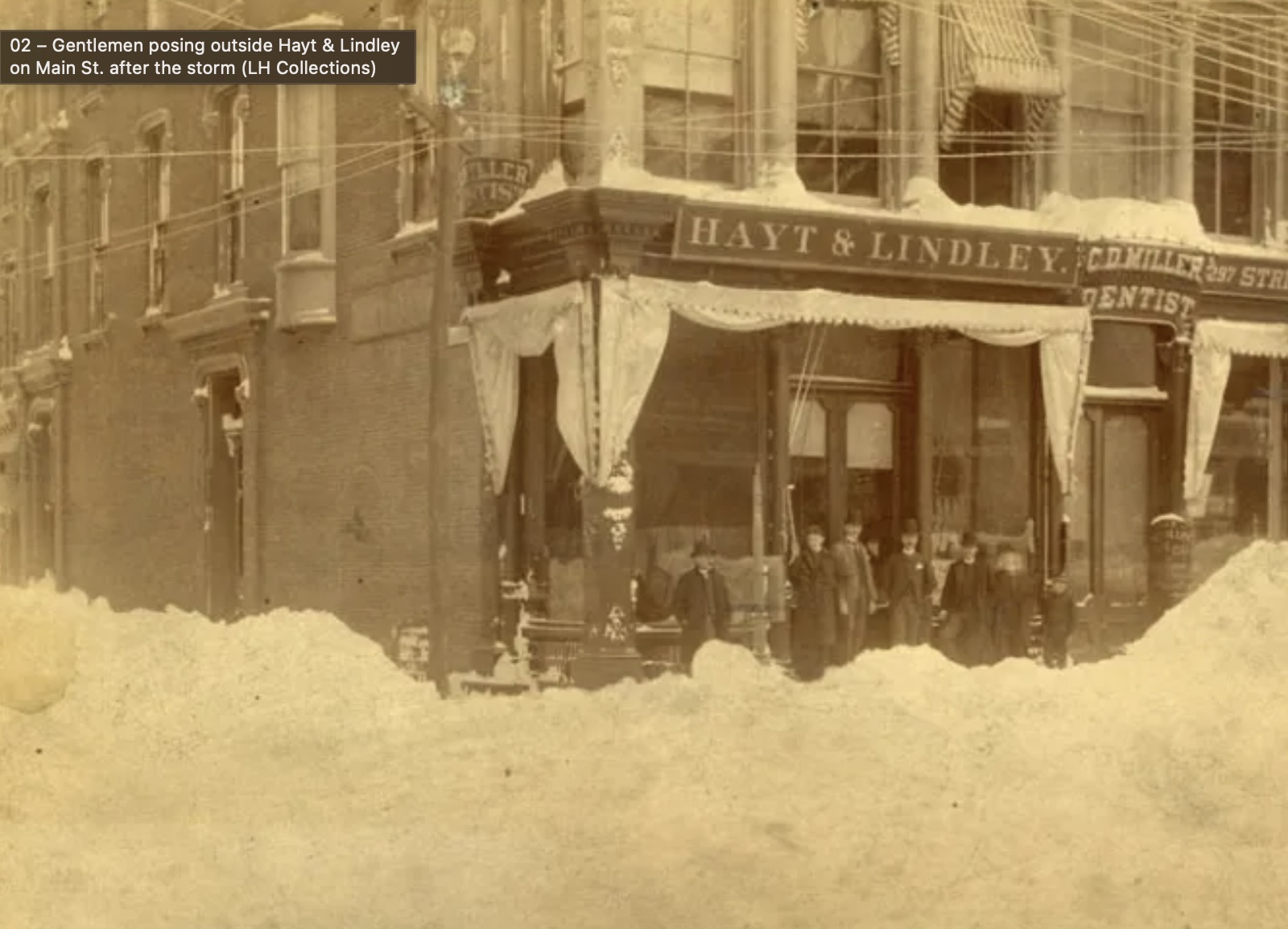 snow - 02 Gentlemen posing outside Hayt & Lindley on Main St. after the storm Lh Collections Ller Is Hayt & Lindley. Comiller Stri Dentist