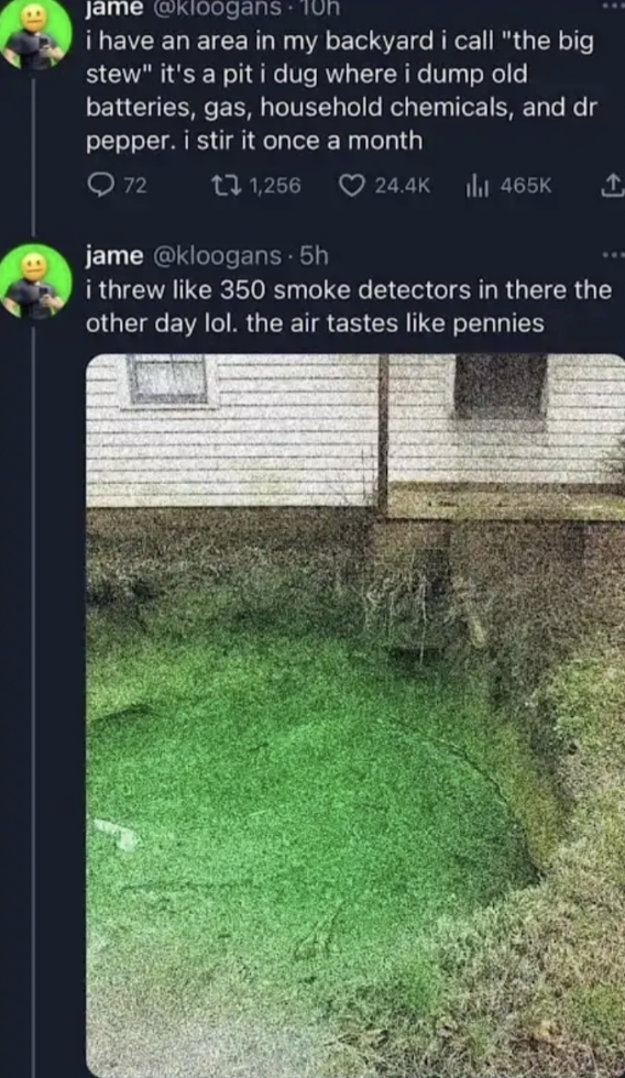 Oney Plays - jame i have an area in my backyard i call "the big stew" it's a pit i dug where i dump old batteries, gas, household chemicals, and dr pepper. i stir it once a month 72 17 1,256 jame i threw 350 smoke detectors in there the other day lol. the