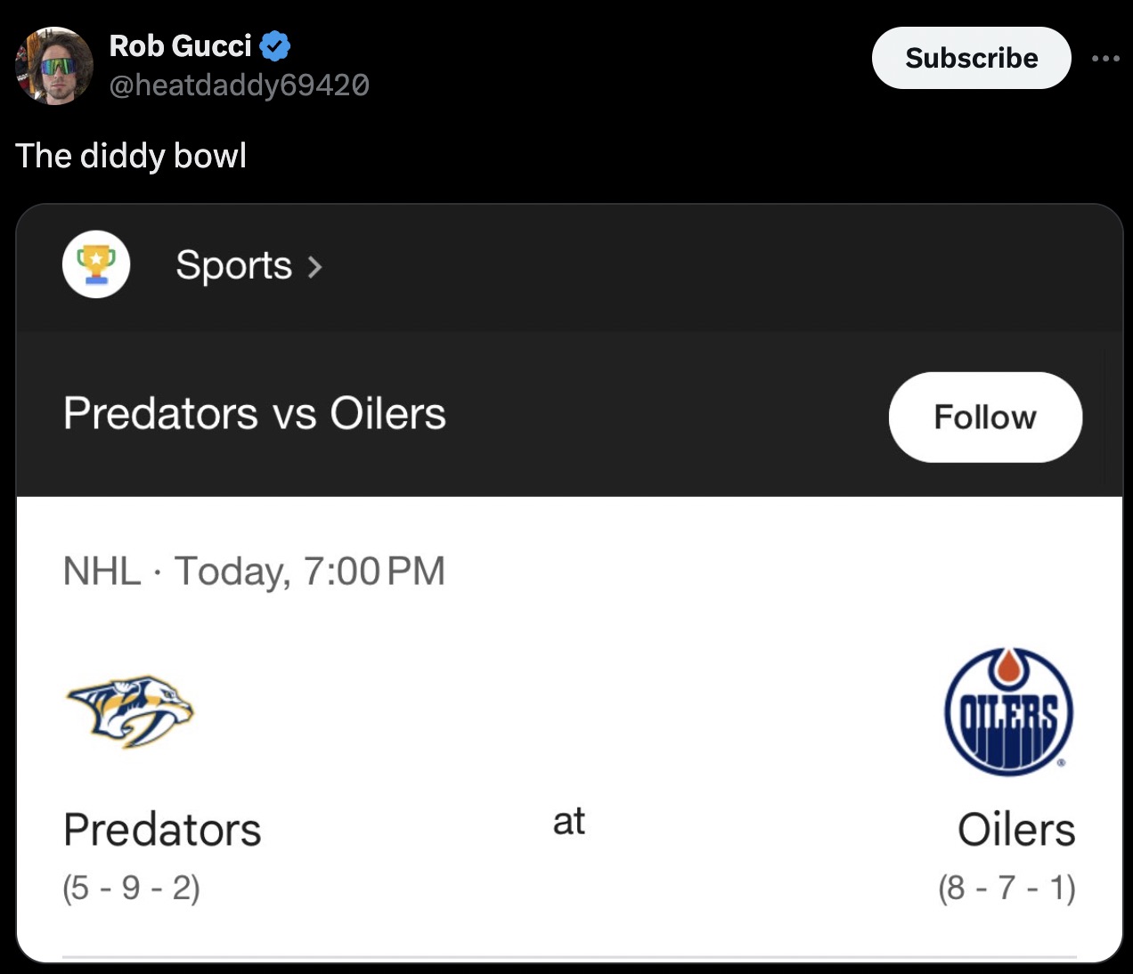 Hockey - Rob Gucci The diddy bowl Sports > Predators vs Oilers Nhl. Today, Subscribe Oilers Predators at Oilers 592 871